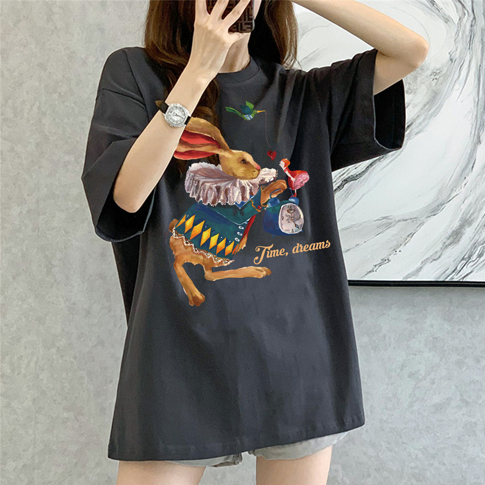 Time Dream Rabbit grey Unisex Mens/Womens Short Sleeve T-shirts Fashion Printed Japanese luxury Tops