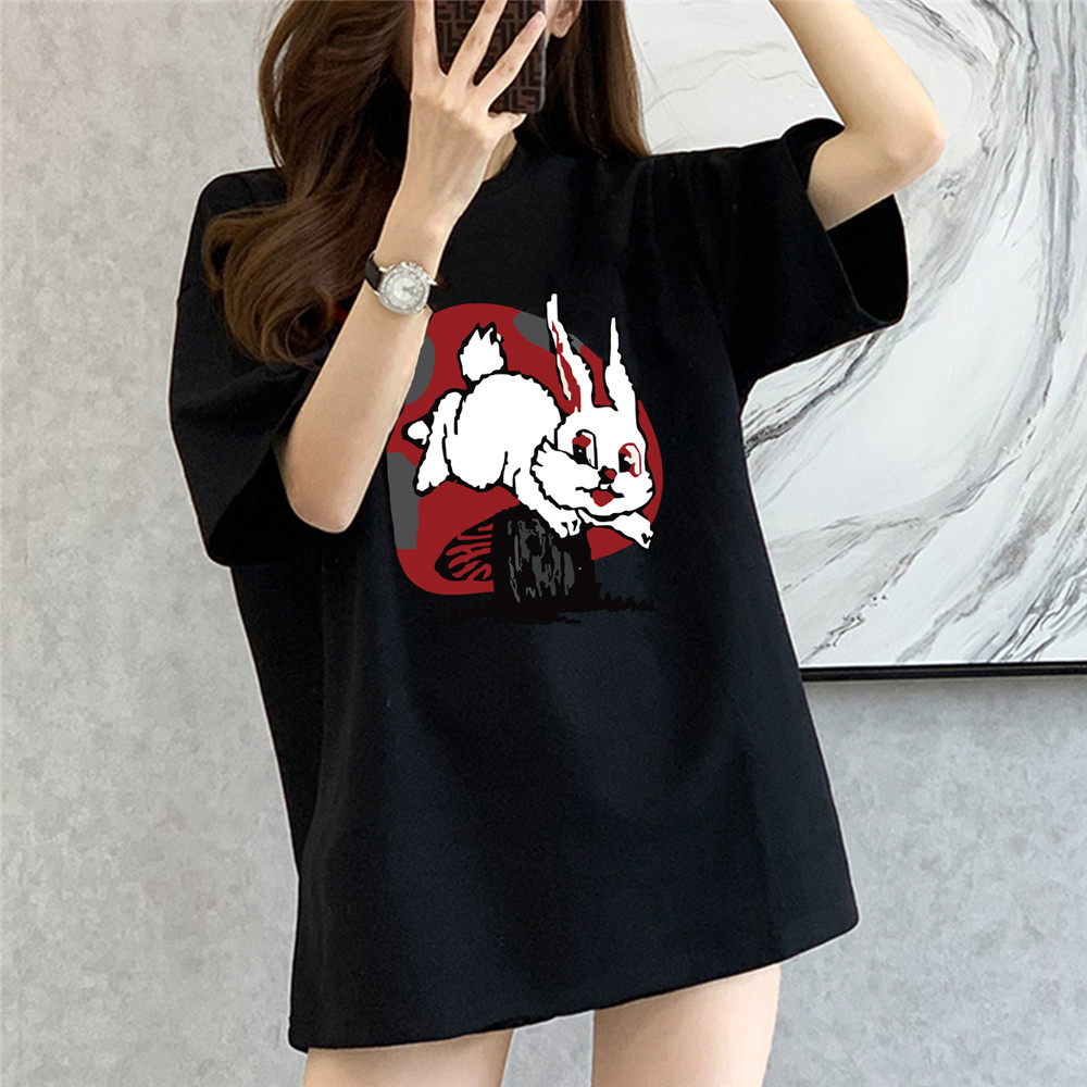 Mushroom Rabbit black Unisex Mens/Womens Short Sleeve T-shirts Fashion Printed Japanese luxury Tops